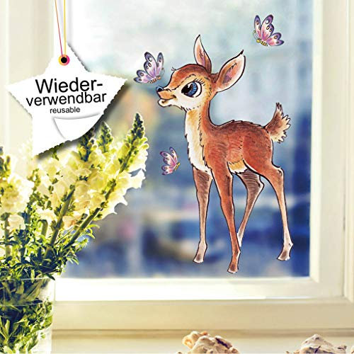 Wandtattoo Loft Fenstersticker Fensterbild Reh stehend mit Schmetterlingen wiederverwendbar A4