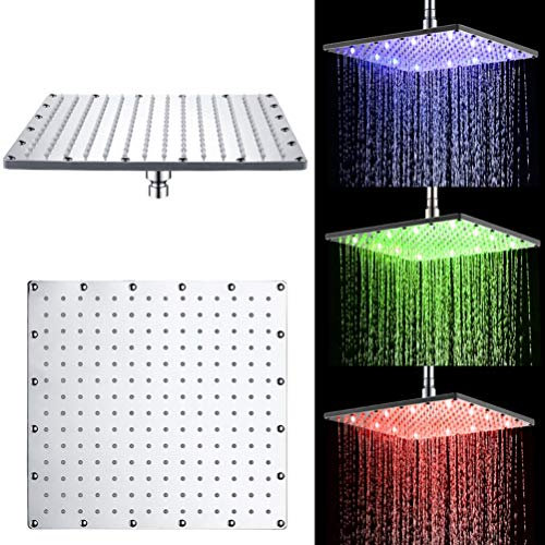 Pommeau de Douche Carré en Acier Inoxydable LED Douche à Pluie Chromé 12 Pouces, Pluie Tête de Douche (12 Pouces, multicolore)