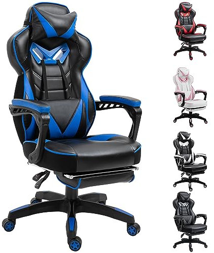 Vinsetto Computer Gaming Chair, Racing Desk Chair with Lumbar Support and Footrest, PU Leather Gamer Chair with Headrest and Swivel Wheels for Home, Blue