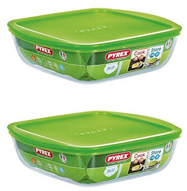 Pyrex Microwave Safe Classic Sqaure Glass Dish with Vented Lid 2.2 Litre Green (Pack of 2)