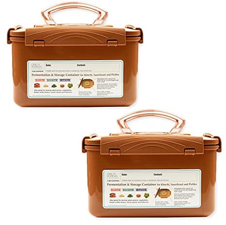 Crazy Korean Cooking Premium Kimchi, Sauerkraut Gär- und Aufbewahrungsbehälter mit innerem Vakuumdeckel, Sandbraun, 5,2 l, 2 Stück