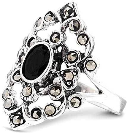 WINDALF Bohemia Ring AZUARÎ 21 mm Vintage Damen-Ring mit schwarzem Kristall Gipsy-Indie Hauch 925 Sterlingsilber (925 Sterlingsilber, 58)