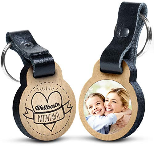 schenkYOU Premium „Weltbeste Patentante“ - Foto-Schlüsselanhänger aus Eichenholz mit Gravur und kratzbeständigem Foto in Farbe - personalisierte Geschenkidee für Muttertag