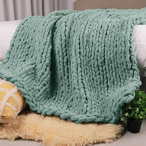 Carriediosa Chunky Knit Throw Blanket 50 X 60, 100% Hand Made Large Chenille Loop Yarn Soft Fluffy Throws for Couch Sofa Bed, Big Crochet Cozy Heavy Thick Cable Woven Blanket, Sage Green