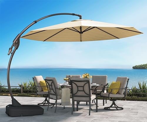 Grand patio Parasol with Base Round 350 cm, Aluminium Cantilever Umbrella with 8 Ribs, Crank Lift Operating, Offset Umbrella for Pool Garden Outdoor (Parasol Cover Included)