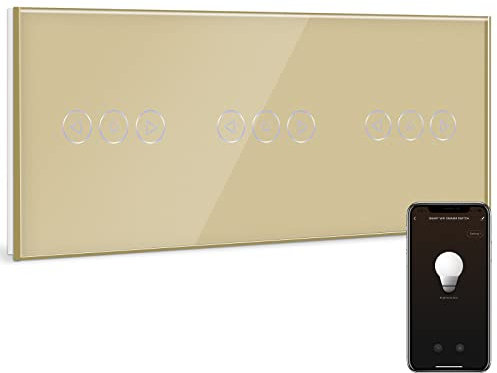 BSEED Interruptor de Atenuador Inteligente Triple Oro,WiFi Interruptor regulador de luz compatible con Alexa y Google Home,Control de APP y Función de Temporizador,Interruptor de luz inteligente