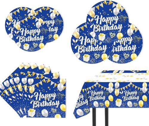 49 Pcs Navy Blue Birthday Party Tableware Set Blue Gold Birthday Party Supplies Navy Blue Plates,Napkins,Tablecloth Table Decorations for Men Women Birthday Graduation Party,Serves 16