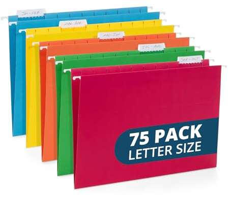 Blue Summit 75 Pack Colored Hanging File Folders Letter Size No Expansion, Colored Hanging File Folders Bulk, Assorted Colors, Designed for Bulky Files, Medical Charts, 1/5 Tabs