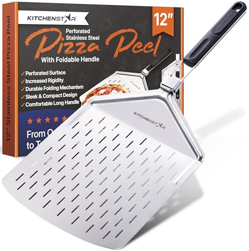 KitchenStar Perforated Pizza Peel 12 inch with 10 inch Folding Handle, Medium - Stainless Steel Spatula Paddle for Effortless Pizza Transfer & Easy Storrage - Outdoor Pizza Oven Accessories