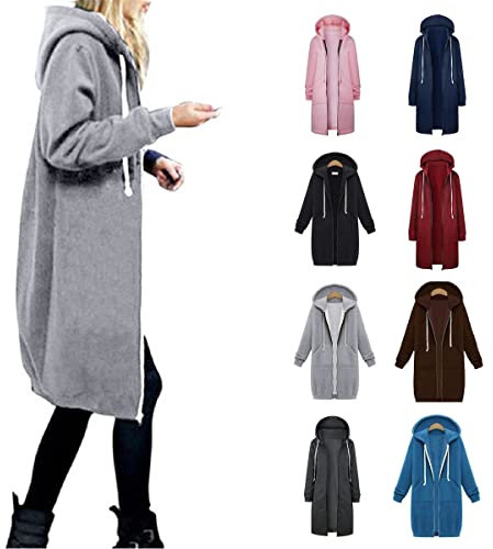 Hoodies for Women UK Long Sleeve Solid Zipper Hooded with Drawstring Pockets Outdoor Jackets Knee Length Coat Black