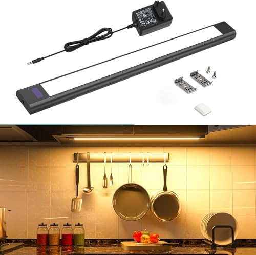 WOBANE LED Cocina Bajo Mueble Enchufable con Sensor sin Contacto, 30cm | Brillo Regulable, Luz Armario Adhesiva para Debajo Gabinete,Estanterías,Encimera, Blanco Cálido 2700K, Negra