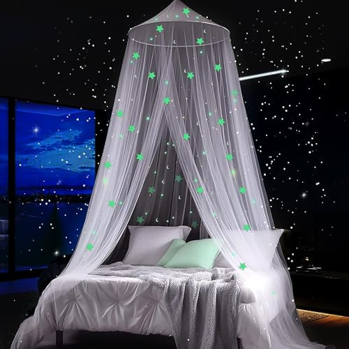 Zanzariera letto con luminose stelle,Zanzariera letto matrimoniale,Zanzariera da letto,Adatto letto matrimoniale,queen size,Adatto per uso Interno ed esterno,Adatto a ragazzi e ragazze(Bianca)