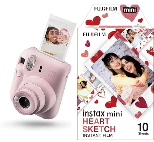 Fujifilm instax Mini Appareil Photo instantané 12, Exposition Automatique avec Objectif Selfie intégré, Rose Fleuri & m instax - Film Mini Heart Sketch (10 Vues)