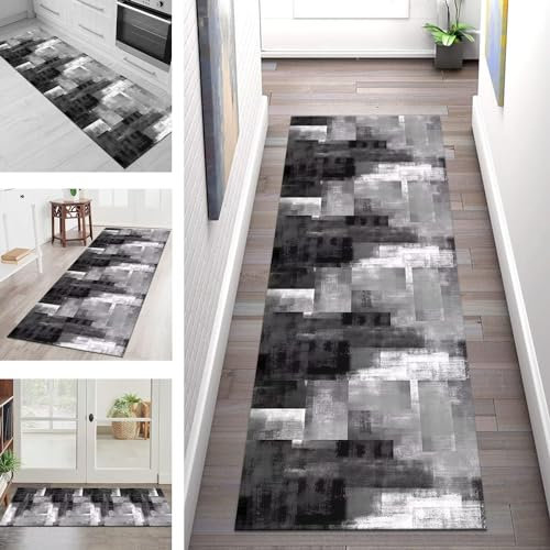 Teppich Läufer Flur Lang Küchenteppich Rutschfest Waschbar Küchenläufer Grau Schwarz Korridor Flurläufer 50X120CM Teppichmatten Dauerhaft Schlafzimmer Wohnzimmer Meterware Teppichläufer Anpassbar