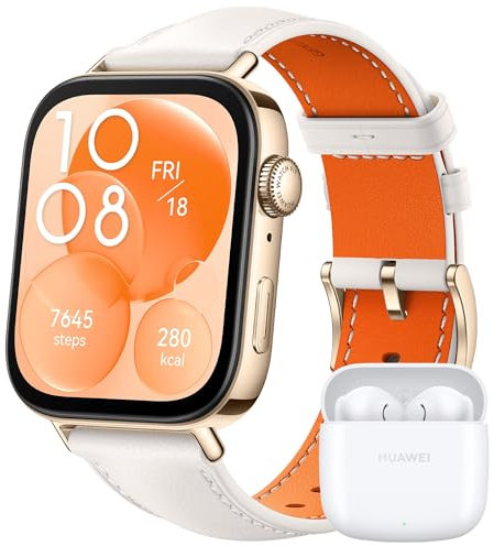 Huawei Watch FIT 3, Display AMOLED da 1.82, Monitoraggio fitness e salute, Compatibilie con iOS e Android, Batteria fino a 10 giorni, Chiamate Bluetooth, Pearl White Pelle + Freebuds SE 2 White