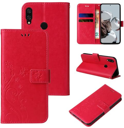 LBH Handy Hülle für Huawei P20 Lite Case Handytasche Schmetterling Blumen Flower Standfunktion Schutzhülle Magnet Rundum Schutz 360 Grad Flipcase Cover Rot