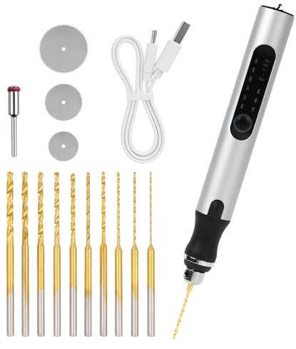 Adorila 3-Speed Cordless Mini Drill Pen with 10 Small Drill Bits, Rechargeable Electric Hand Drill, Resin Drill Set for Jewelry Making Plastic Wood Keychains DIY (Silver)