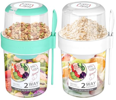 OUZHOU Salad Cup, 2Pcs Overnight Oats Container, 870ML Yogurt Pots Reusable Salad Cups with Lid Spoon Breakfast Jar Breakfast Pot Muesli Cup for Salads Fruit Cereal Milk Porridge