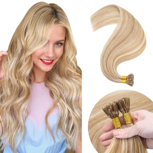 Elailite I Tip Hair Extensions Real Human Hair Straight Remy Hair Cold Fusion - 100 Strands 50g (#12/613 Golden Brown Mix Bleach Blonde, 22 Inch)