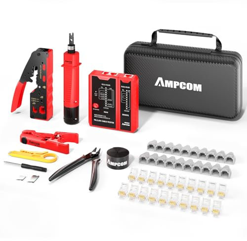 AMPCOM Kit d'outils de sertissage Ethernet 10 en 1 avec testeur RJ45 et RJ45 pour connecteurs RJ45 Cat6/5e, comprend 110 outils de poinçonnage et pince à dénuder, sac étanche portable