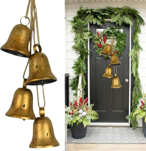 Harmony Farmhouse Bells - Set of 4 Rustic Shabby Chic Gold Christmas Bells for Decoration