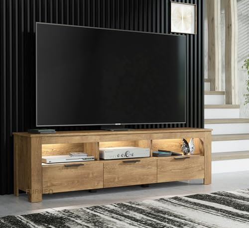 Furneo Prestigio 02 – Dark Oak Effect TV Stand with LED Lighting, Matt Finish and Black Metal Handles
