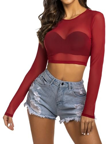 Avidlove Women's Crop Tops Slim Fit Long Sleeve T Shirt Basic Top Casual Shirts Y2K Tight Blouse Fashion Clothing Summer Party Club UK Wine Red M