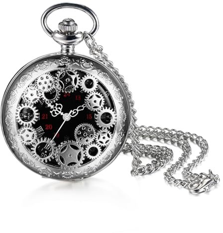 JewelryWe Zahnrad Taschenuhr Herren mit Kette: Silber Analog Quarz Kettenuhr Vintage Zahnrad Design Uhr Anhänger Halskette mit Schwarz Römischen Arabischen Ziffern Zifferblatt Geschenk
