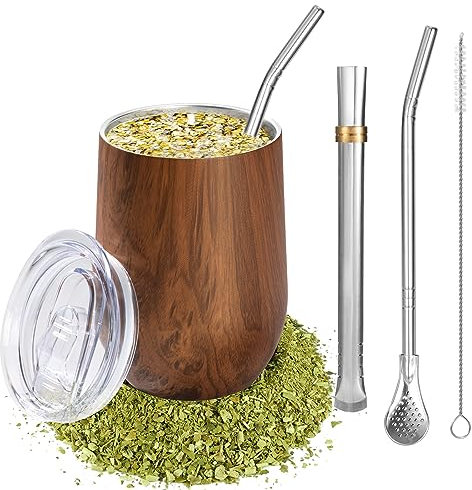 Set Yerba Mate, Kit Mate de Vaso Argentino de Acero Inoxidable de Doble Pared Isotérmica, 355 ml Taza de Té Maté con Dos Bombilla y Cepillo para Limpiar para Cocinas, Restaurantes, Cafeterías