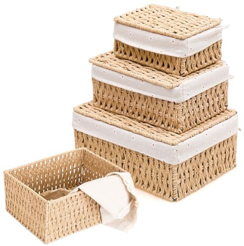 3 Stück Aufbewahrungskorb mit Deckel, Korb Geflochten aus Papierseil, Boho-Decor Körbchen mit Futter, Multifunktionale Aufbewahrung Korb Aufbewahrungsbox