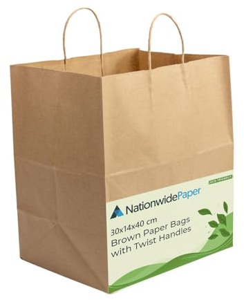 Nationwide Paper 200 extra große braune Papiertüten, Partytüten, Geschenktüten, Einkaufstaschen, Tragetaschen und Süßigkeitentüten mit starken gedrehten Griffen (30 x 14 x 40 cm)
