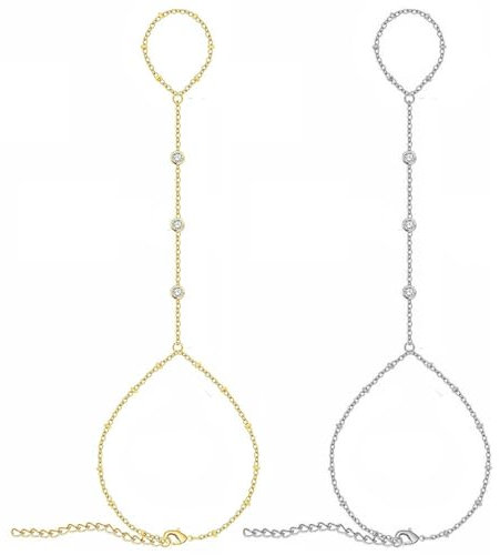 FFWTPY 2 Stück Handkette mit Fingerring Goldenes Strass Finger Armband Vintage Geschichtetes Fingerring Armband Handgelenk Kette Schmuck für Frauen und Mädchen