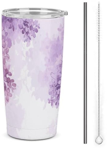 Coffee Cups with Lids Car Cup Stanley Cup Tumble Sealed Double Drinking Lid Stainless Steel Straw Lilac Flowers in Blossom Printed Mugs Fits in Car Cup Holder (20 OZ)