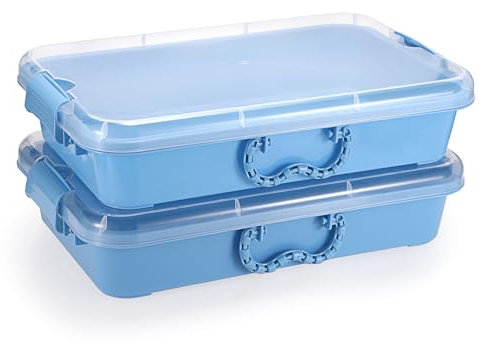 OGANAZI 2 Stück Sandkasten mit transparent Deckel Kunststoff Sandschale Blau Spieltablett Tragbare Sandboxen Kinder Spielzimmer Organizer Aufbewahrungsboxen mit Tragegriff für Spielzeug 38x25x8 cm