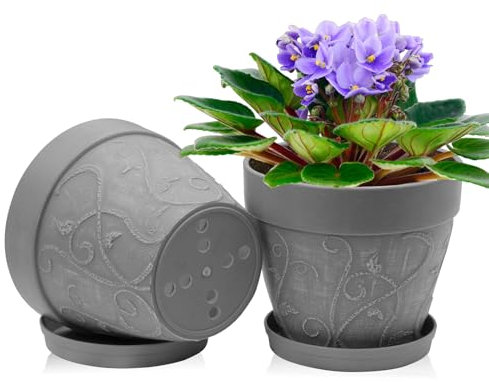 ZMTECH 20 cm Plant Pots with Saucers & Drainage Holes, 8 Inch Plastic Terracotta-Look Planter, Medium Flower Pot with Tray for Indoor Outdoor Peace Lily Herb House Plants (Grey, Set of 2)
