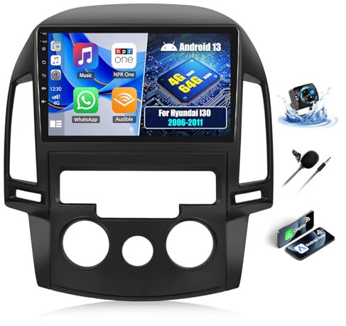 OiLiehu 4+64GB Android 13 2 DIN Carplay Android Auto para Hyundai I30 2006-2011 Pantalla Radio Coche 9 Pulgadas con Mirror Link Bluetooth FM RDS GPS WiFi SWC EQ Camara Marcha Atras