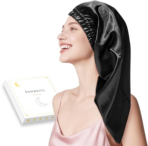 TOWNSSILK Cappello da notte in seta 100% 22 momme per signora, lussuoso e traspirante, si adatta comodamente durante la notte e senza pressione, ideale per capelli lunghi e ricci, nero, 80 cm