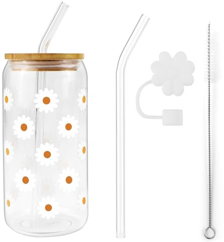 YNOYMO Trinkgläser mit Deckel und Strohhalm Glass Tumbler 500ml Bubble Tea Becher Eiskaffee Gläser Glasbecher Eleganter Trinkbecher für Iced Coffee Smoothie Weiße Blumen