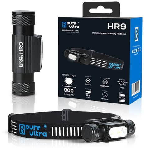 pureultra - HR9 LED-Stirnlampe - 900 Lumen, Wiederaufladbar per USB-C, IP66 Wasserdicht, Ultra Leicht, Rotlichtmodi, 300 Stunden Laufzeit - Ideal für Outdoor, Camping & Wandern