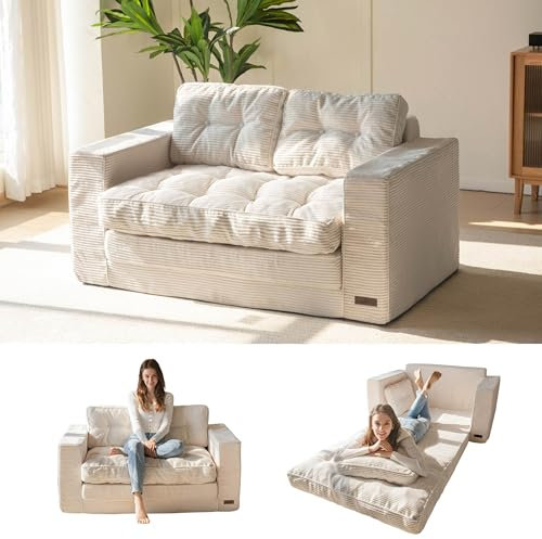 MAXYOYO Bodensofa Schlafsofa 140cm Breit mit Kissen, 2-in-1 Klappbar Cord Sofa 2 Sitzer mit Schlaffunktion, Liegefläche 101x196CM für Wohnzimmer, Schlafzimmer, Lounge