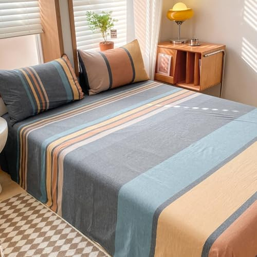 Lirzxin Betttuch ohne Gummi 160x230 cm, Bettlaken Einzelbett Baumwolle Irregulär Streifen Muster Bettwäsche Sommer Weiches und Atmungsaktives, Grau Gelb Orange