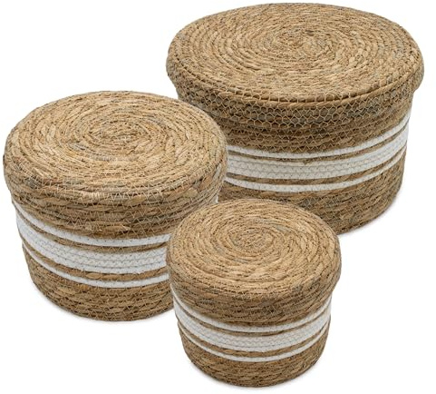 Seegras Aufbewahrungskorb natur 3er Set - 30 cm 25 cm und 21 cm - Boho Korbset geflochten mit Deckel - Naturfaser Mehrzweck Rattan Körbchen