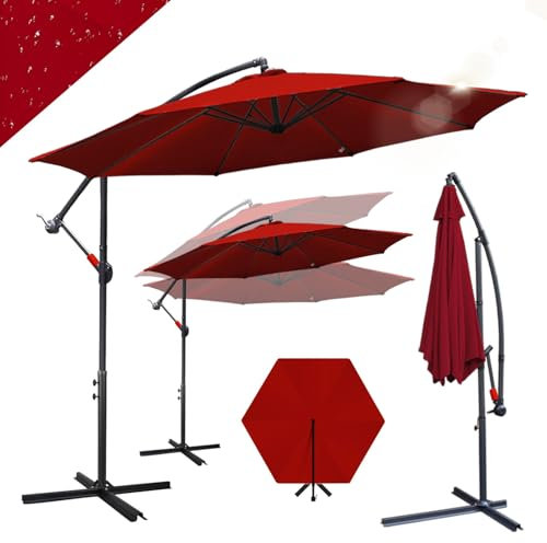 Ansobea Sonnenschirm 350cm Ampel Ampelschirm mit Ständer Kurbelschirm Rund UV-Schutz Cantilever Schirm Wasserdicht Gartenschirm Marktschirm Sonnenschirm für Garten Terrasse Patio,Rot