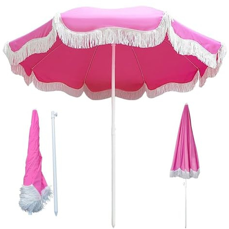YCBTPS 2m Parasol De Jardin Parasol Droit Inclinable Rond, Grand Parasol De Balcon Inclinable 45°, Parasol De Plage avec Franges, Base Non Incluse