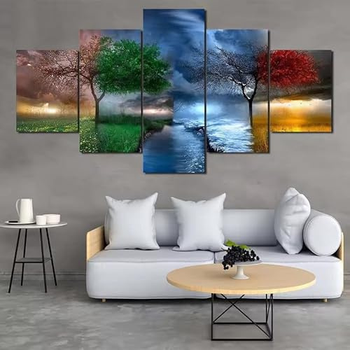 5 teiliges wandbild 4-Jahreszeiten-Baumlandschaft 5 stück leinwand wandkunst,5 teilig leinwand wanddeko wohnzimmer,leinwanddruck 5 teilig bilder wohnzimmer modern groß mit rahmen,xxl 100x55cm