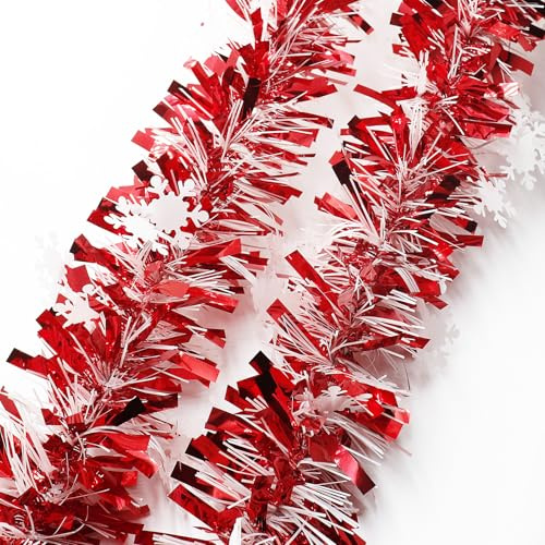 YIGOOWN Girlande Weihnachten, Weihnachtsgirlande Lametta Weihnachtsbaum Girlande mit Weiß Schneeflocken Weihnachtsdeko Christmas Garland für Weihnachtsbaum Innen Aussen Deko (Rot Weiß, 4M)