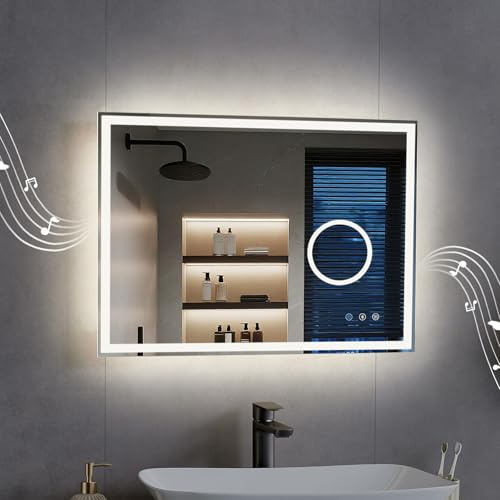 ANNWA Bluetooth Badezimmerspiegel mit Beleuchtung 60x80cm, Badspiegel mit Beleuchtung und 3fach-Lupe,3000K/4000K/6500K, Dimmbar, Entfoggen, IP44 LED Badspiegel(NHYJ6836D-EU)