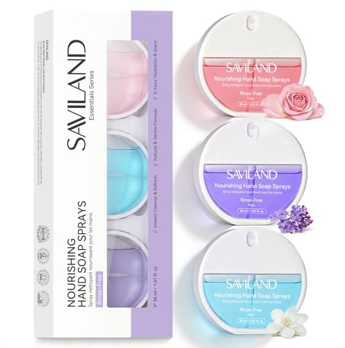 SAVILAND Hand Sanitizer Spray 3 Pcs, Alcohol-Free & Plant Fragrance | Powerful Cleane Spray Hand Sanitizer, with Aloe Vera Olive Oil Nourishing Formula, Travel Size, Rose, Lavender, Jasmine Scent
