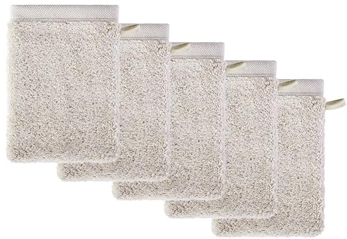 herzbach home Premium - Set di 5 guanti da bagno Pura, 100% cotone, extra morbidi, colore: grigio sabbia