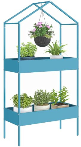 Outsunny Portavasi a 2 Livelli in Metallo a Forma di Casetta 75x35x150 cm | Scaffale Porta Piante con Gancio, per Interni ed Esterni, Blu Verde